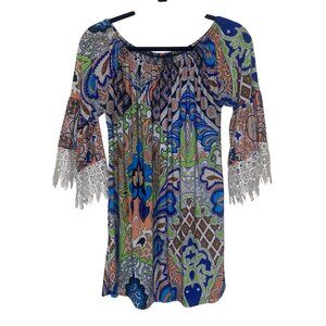 Womens Boho Paisley Floral Print Half Sleeve Lace Trim Tunic Top L-XL WinWin Liq
